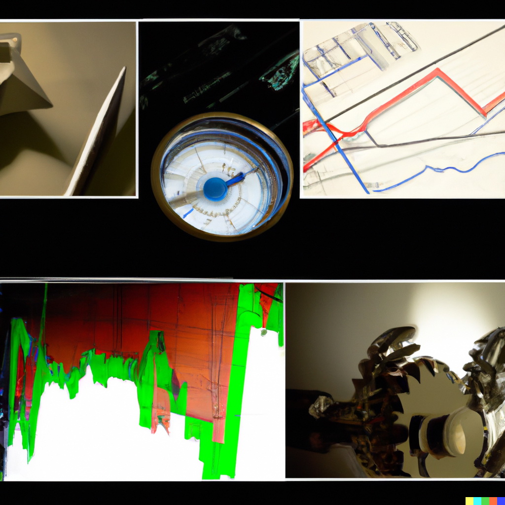 A collage containing a compass, a machine building plant and a graph chart. Makina imalatı Sektörü