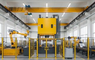 Otomasyonlu pres atölyesinde güvenlik muhafazaları ve robot destekli üretim hattı