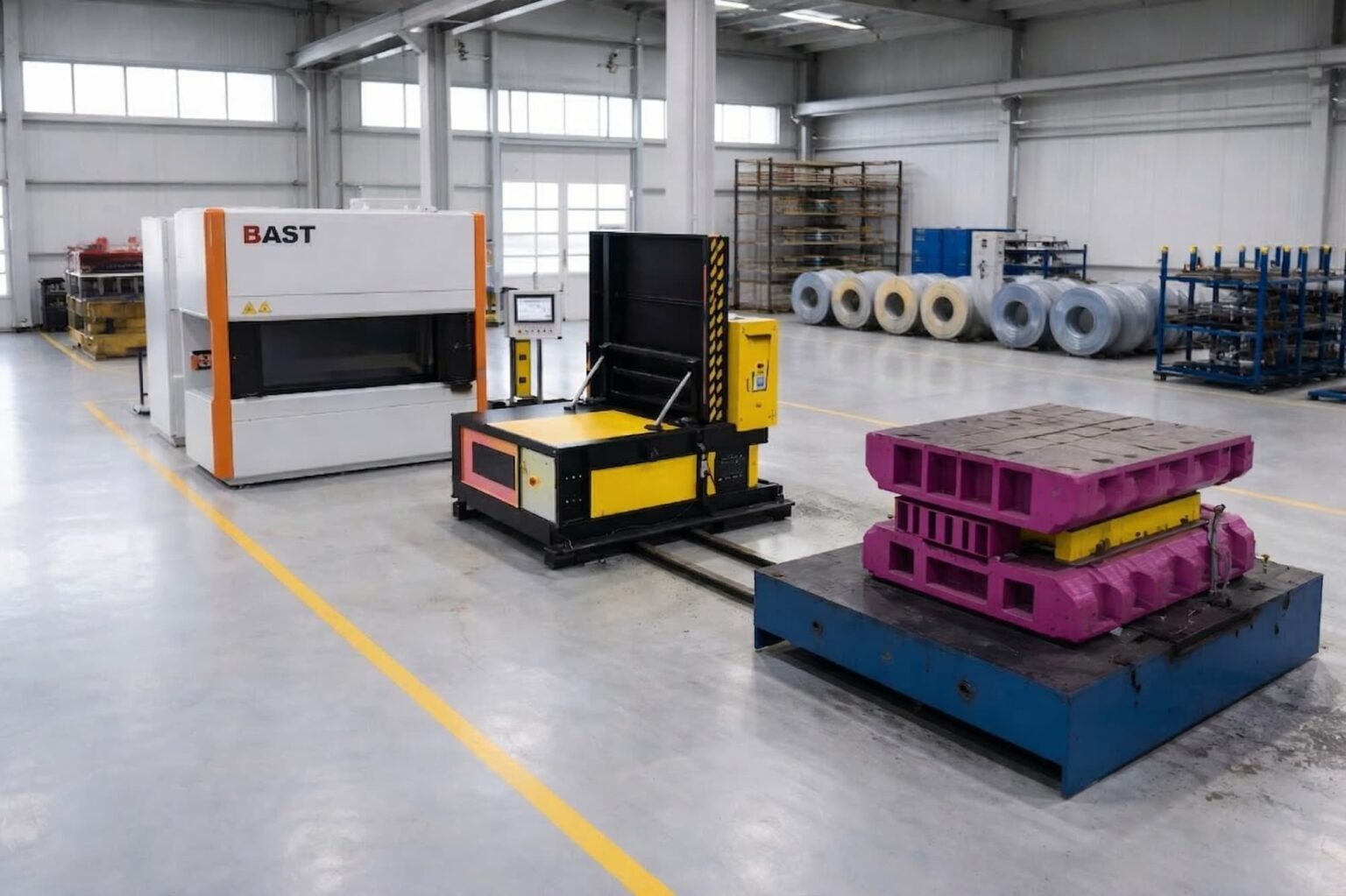 Industrial machine placement with open floor space, marked walkways, and accessible working areas in a production facility