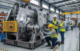 Endüstriyel üretim tesisinde büyük bir makine üzerinde kalite ve güvenlik kontrolü yapan teknik ekip