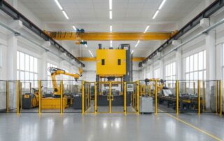 Automated industrial press line with safety fencing, robotic arms, and organized machine placement inside a production facility
