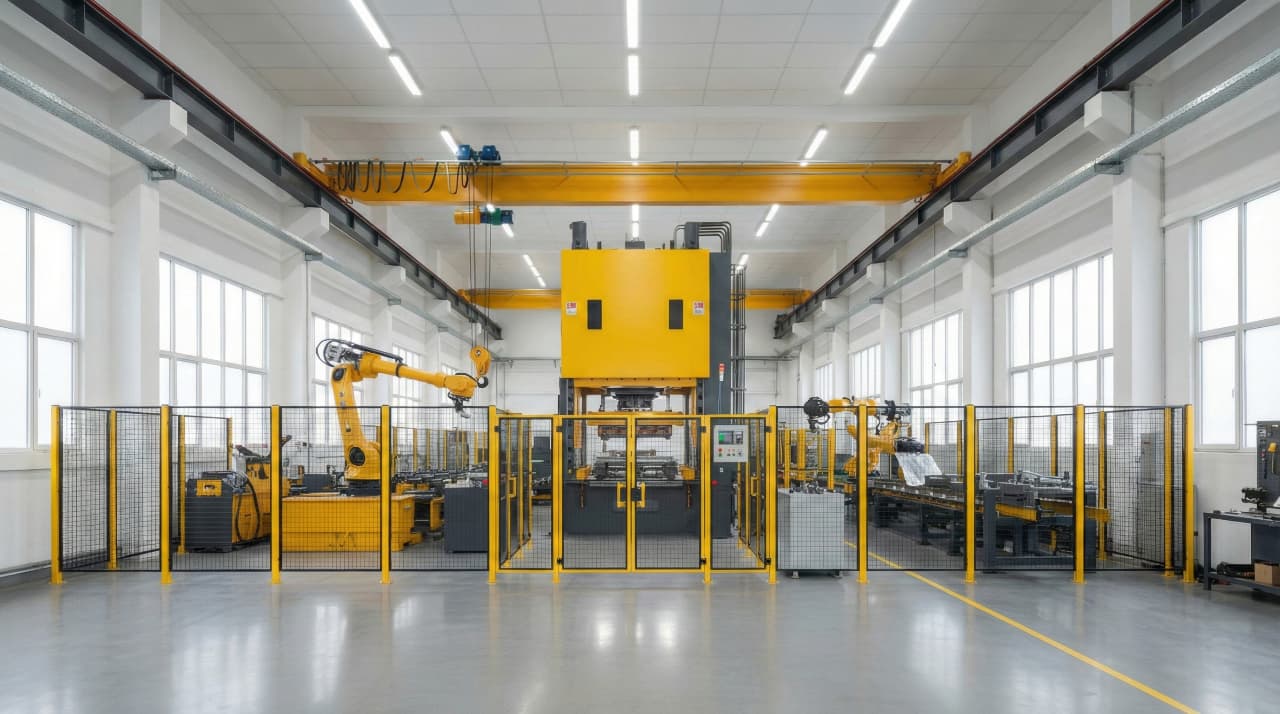 Automated industrial press line with safety fencing, robotic arms, and organized machine placement inside a production facility
