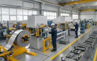 Pres atölyesinde sac işleme hattı ve üretim ekipmanları