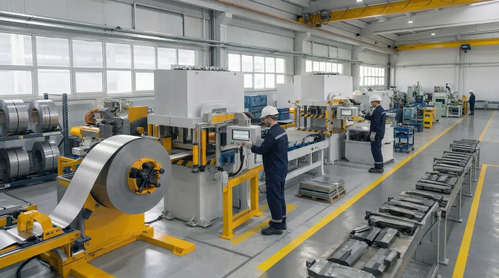 Pres atölyesinde sac işleme hattı ve üretim ekipmanları