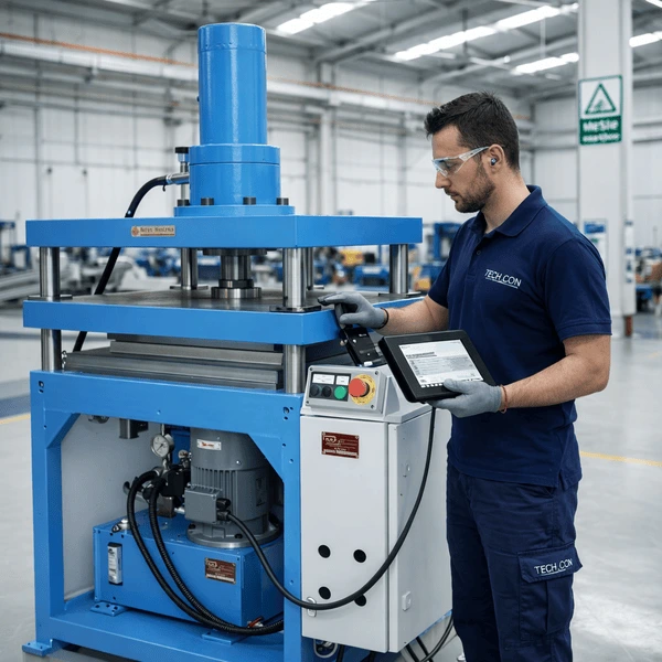 Makina arızalarının erken tespiti için hidrolik pres üzerinde teknik kontrol yapan teknisyen