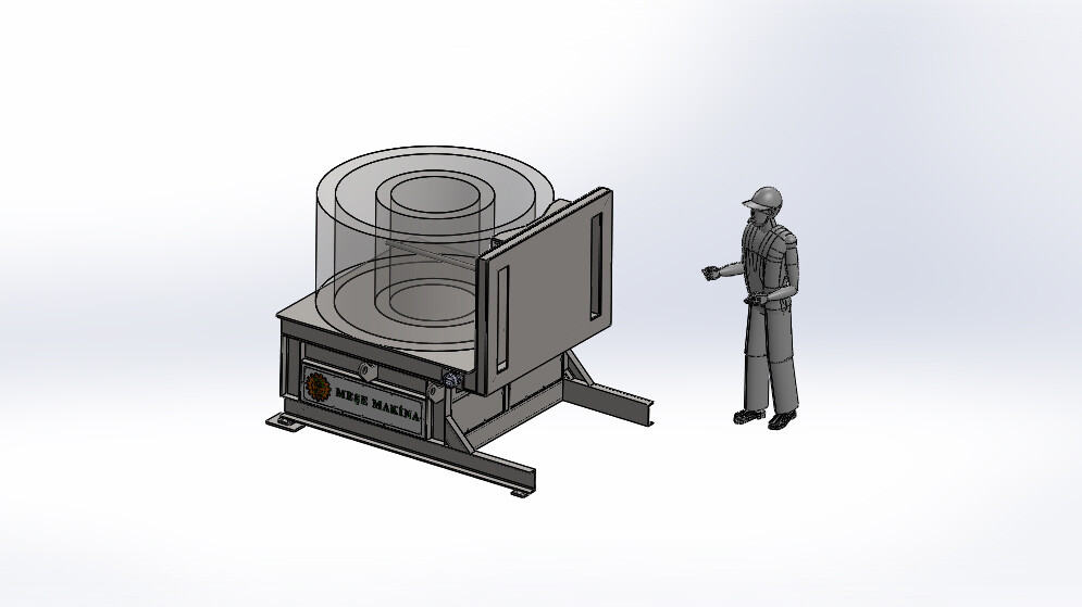 Coil upender machine design showing a steel coil and operator position
