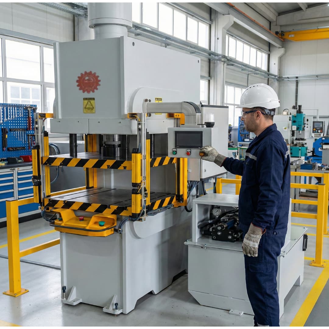 Operator in hard hat using the control panel of a hydraulic press equipped with safety light curtains and guard rails
