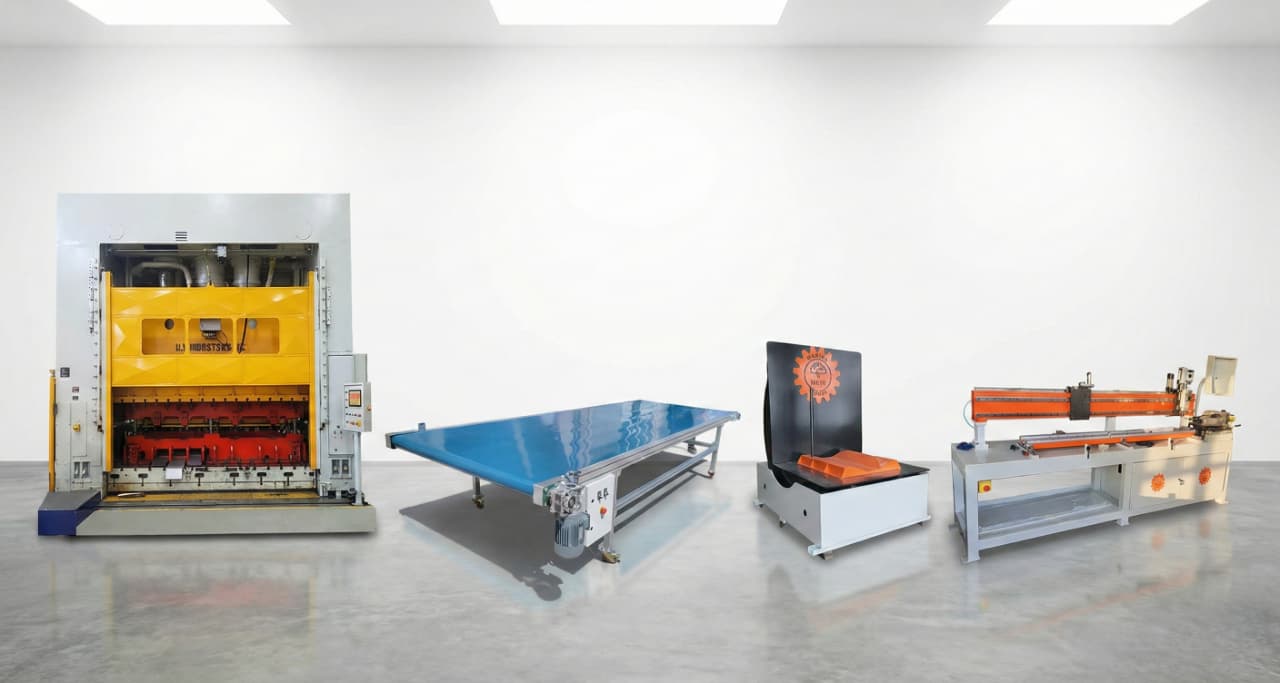 Industrial press shop equipment including a mechanical press, conveyor and sheet feeding systems