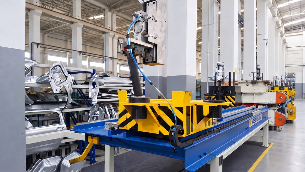 Yellow shuttle transfer unit on blue guide rails beside sheet metal part racks in a press shop