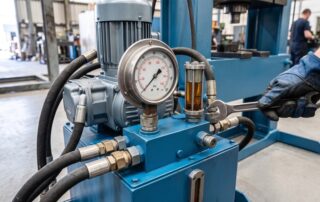 Technician performing maintenance on a hydraulic press power unit with a pressure gauge and oil level indicator