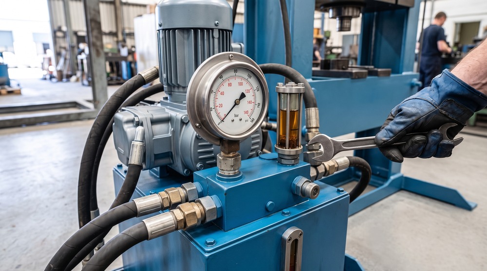 Technician performing maintenance on a hydraulic press power unit with a pressure gauge and oil level indicator