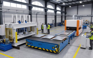 Industrial press shop with multiple machines arranged for an efficient production workflow