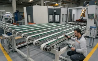 Technician inspecting a conveyor line with a handheld scanner and tablet in an industrial facility