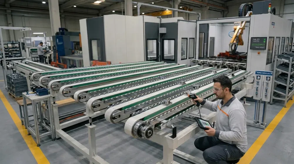 Technician inspecting a conveyor line with a handheld scanner and tablet in an industrial facility