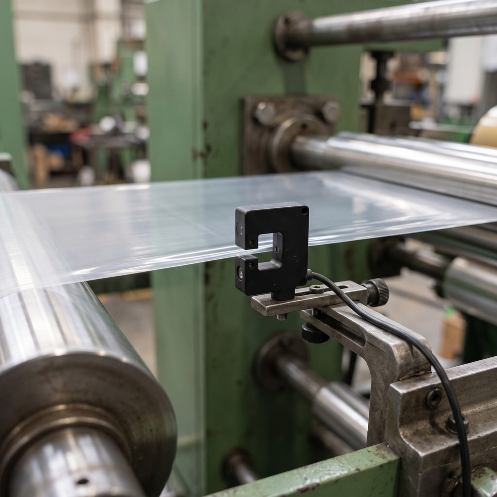 Fork-type edge guide sensor tracking the film edge on a coil slitting machine