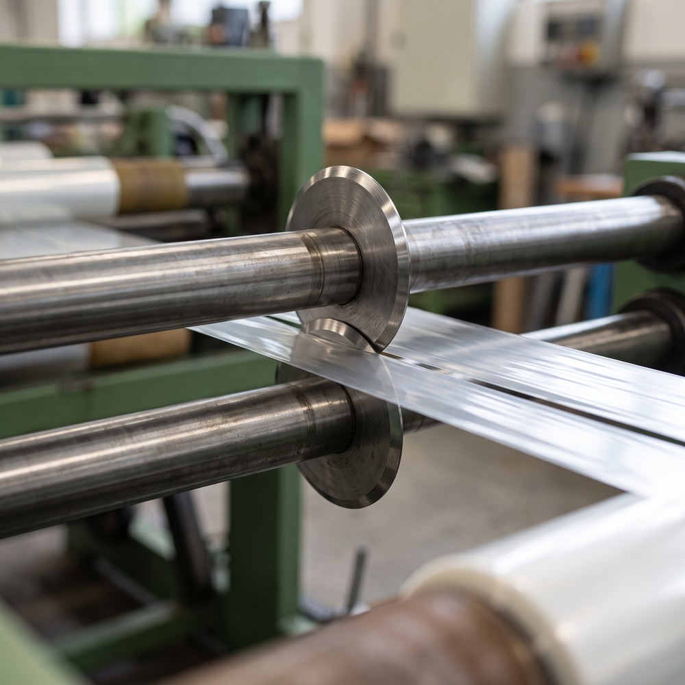 Shear slitting on a coil slitting machine with overlapping upper and lower circular knives