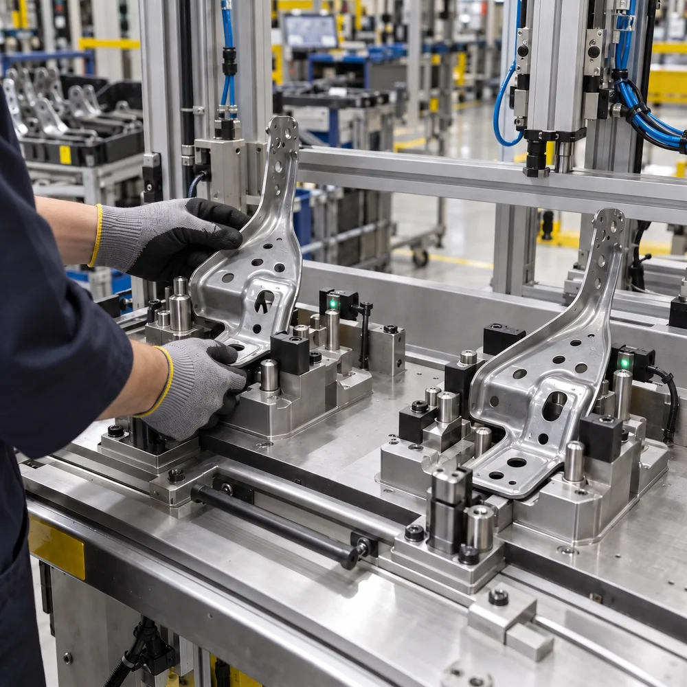 Operator placing an automotive metal part into a Poka Yoke fixture with sensor-based position control