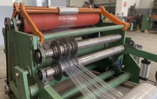 Slitting machine cutting film into strips with circular knives